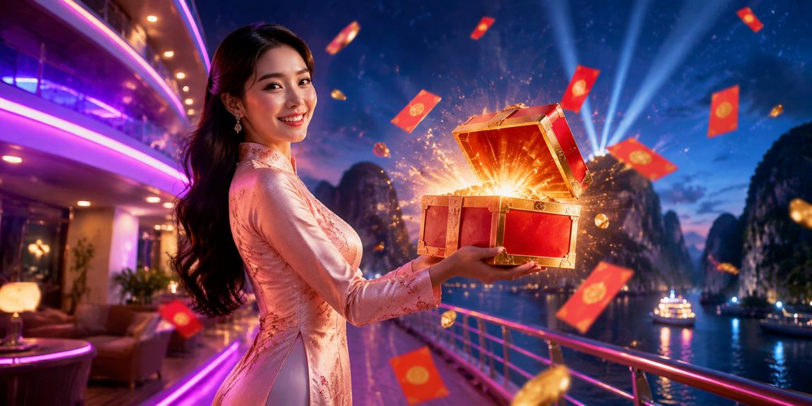 Phụ nữ Việt Nam trong trang phục áo dài nhận phong bì đỏ may mắn bên vịnh Hạ Long