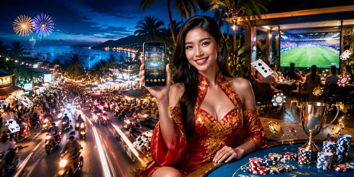Bàn bài neon về đêm tại Phú Quốc gợi lên không khí giải trí casino sôi động